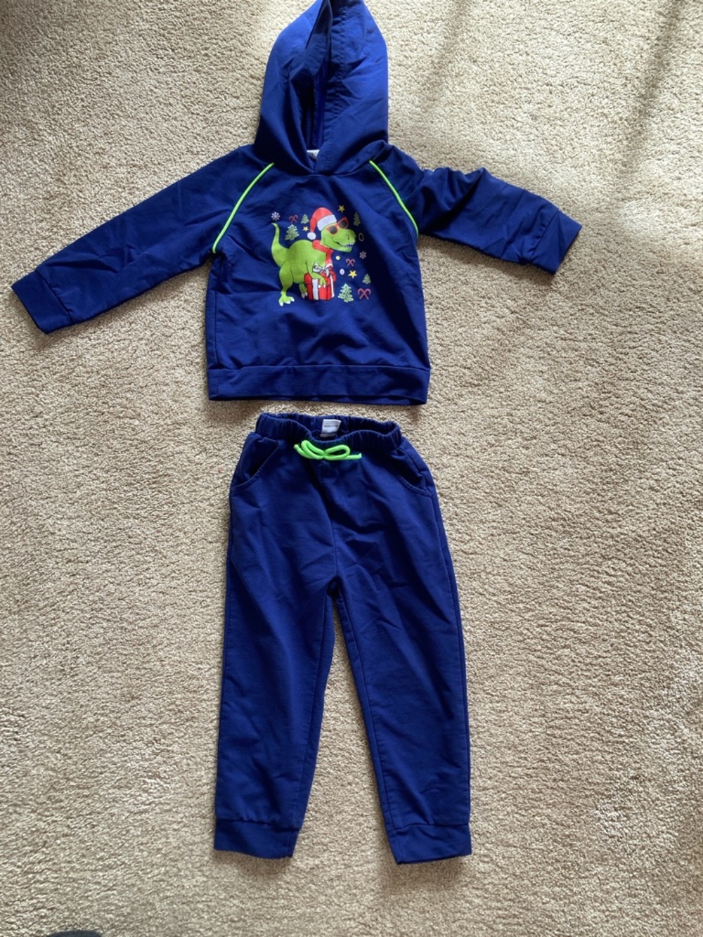 Navy Blue Kids Matching Christmas Dino Hoodie & Joggers Set with Green Accents
